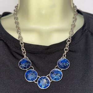 Kenneth Cole  Large Blue Bezel Cut Rhinestone & Shiny Silver Tone Necklace